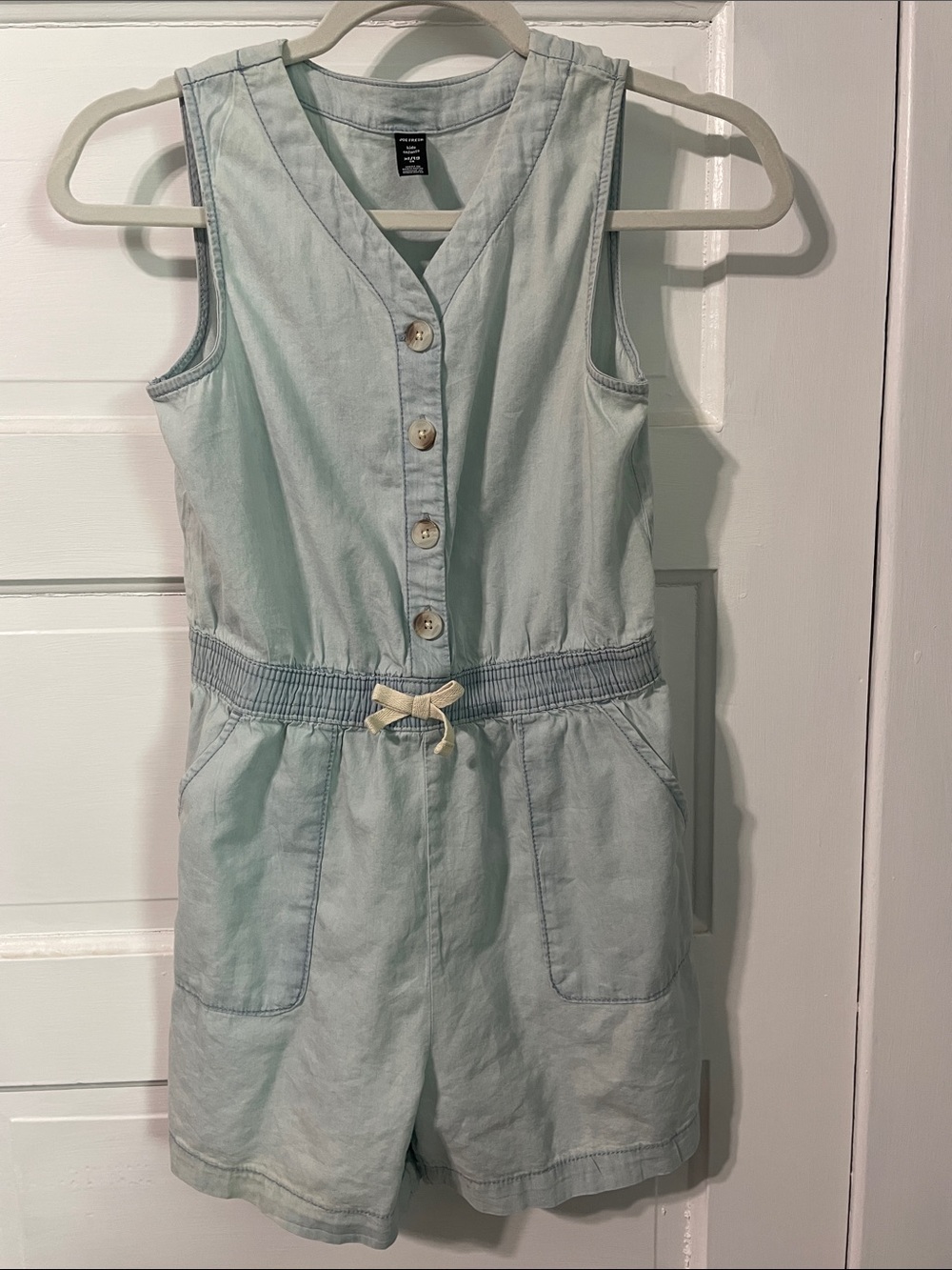 Joe Fresh Light Aqua Sleeveless Chambray Romper with Drawstring waist